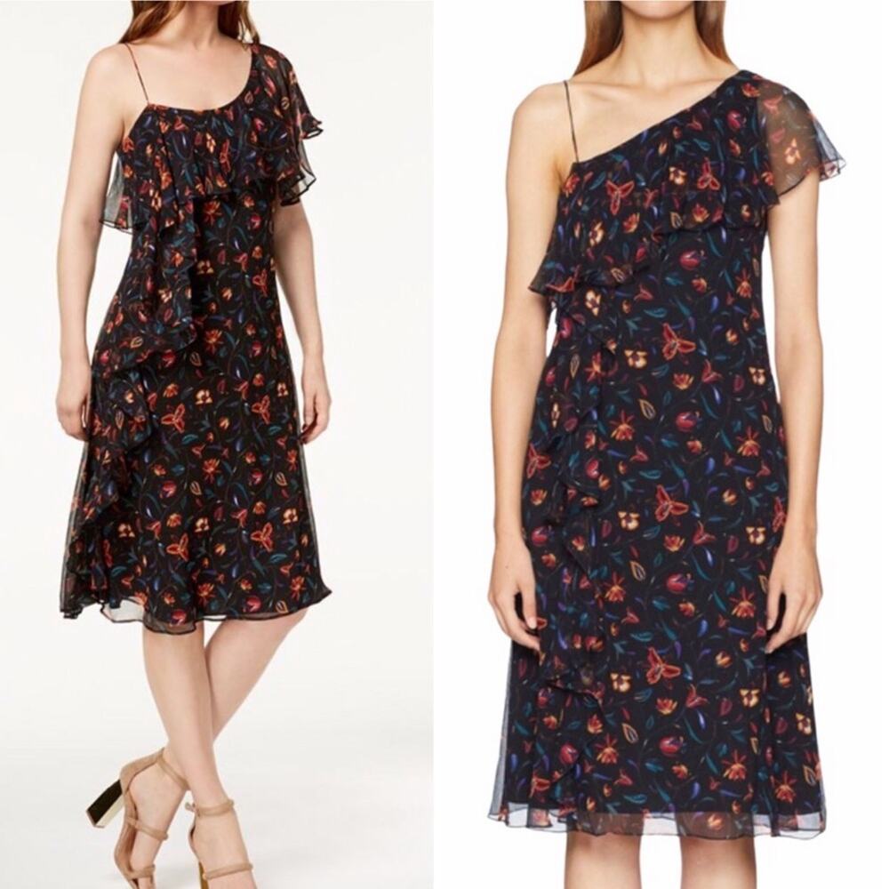 Rachel Zoe Perla Silk One-Shoulder floral Dress 2 ruffle lined